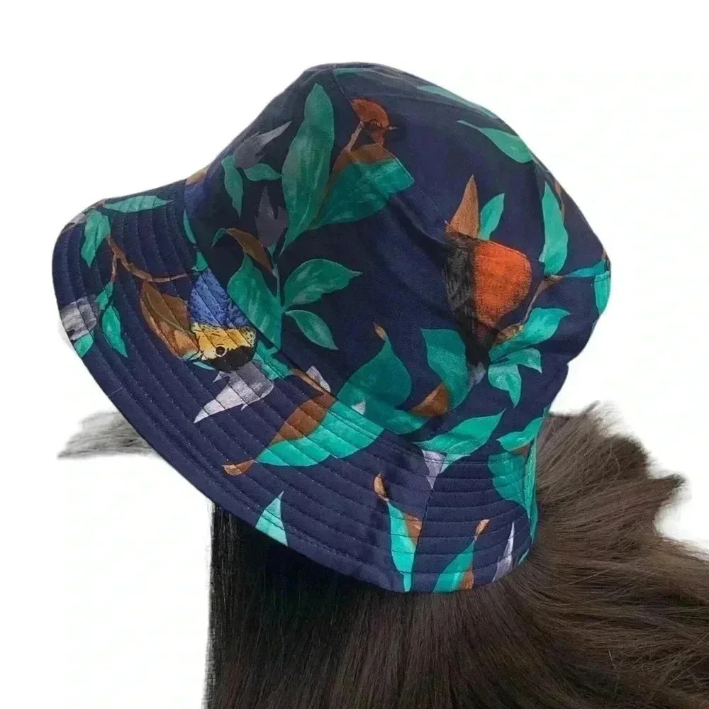 Boutique Handcrafted OSFM Navy Blue Bird Printed Bucket Hat Birding Fauna Floral - Picture 5 of 7